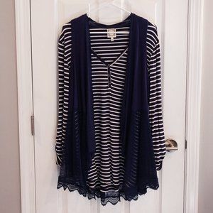 Navy Blue White Stripe Boho Lace Open Vest & Long Tunic 2 Piece Set